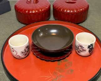 Japanese Red Lacquerware Coaster Sets, Tray Sake Cups