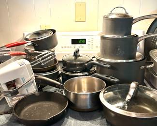 iron skillet, pots and pans