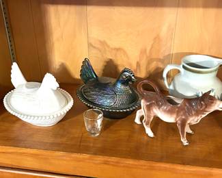 Indiana Glass Hen on Nest, cow creamer