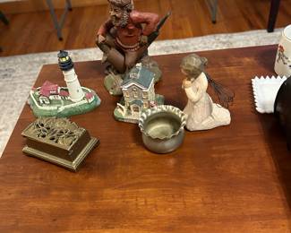 brass trinket box, pewter bowl, Willow Tree angel