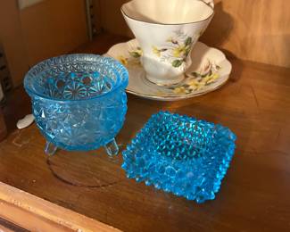 Fenton Daisy and Button Electric Blue bowl, Fenton square Hobnail Aqua Blue trinket dish