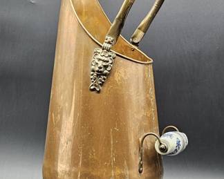 Vintage Copper Coal Scuttle w/ Blue & White Handle