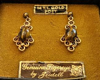 14K Gold Post Tiger Eye Earrings by Zeidell 