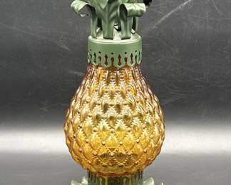 Amber Glass & Green Metal Pineapple Hurricane