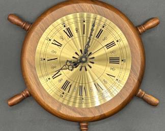 Vtg. Nautical Wood Ship Wheel Clock w/ Brass Face