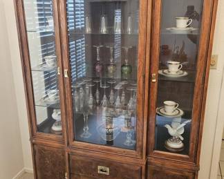 Vintage Burled Wood Lighted China Cabinet w/ Brass