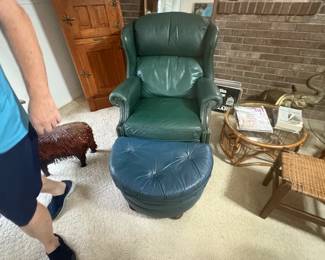 . . . green leather recliner and blue ottoman