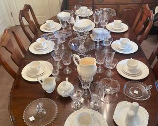 Johnson Brothers China, Crystal Stemware
Queen Ann Table w/ 3 Leaves & 6 Chairs. Candlewick, 24 pc Crystal Stemware Set