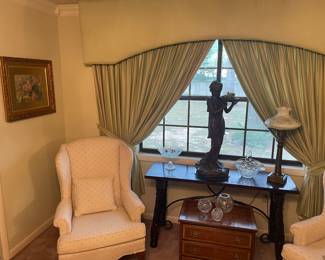 Pair of Queen Ann Wingbacks, Bachelors Chest, Crystal Rose Bowls, Floral Panting, Sofa/Console Table