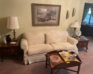 Butlers Style Coffee Table, Gold Tray with Hand Painted Tea Set and H/P Tidbit and Cream Color Sofa