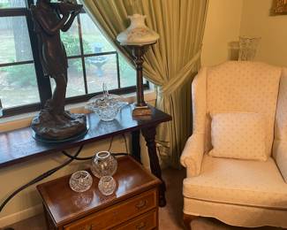 Rose Bowls, Lady Statue, Console Table and Antique Brass Lamp with H/P Glass Shade 