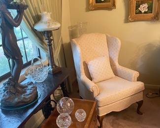 Pair of Queen Ann Wingbacks, Bachelors Chest, Crystal Rose Bowls, Floral Prints 