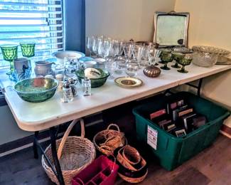 Fostoria, stemware, silver plate items, baskets, frames