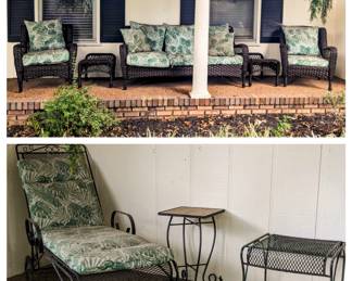Wicker patio set and vintage wrought iron 