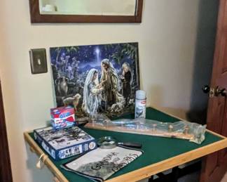Puzzle table, antique mirror, toys