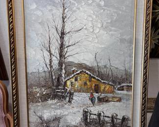 Oil painting winter barn