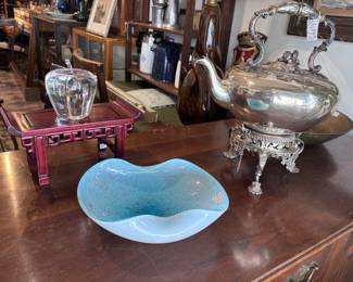 Silver plate tea pot, Merano glass, crystal apple  