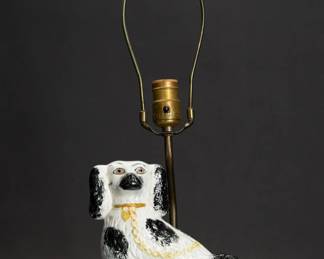 Vintage Staffordshire porcelain black and white dog figurine on wooden plinth with electrical lamp fitting