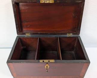 Another view of the early English inlaid tea caddy, locking (with key), triple compartment mahogany caddy with lily of the valley design inlaid lid cartouche and parquetry edging