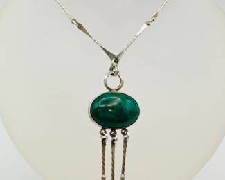 Wrought sterling link necklace with bold green cabochon center stone pendant