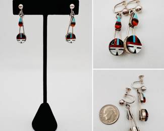 Zuni sun face dangle earrings, unsigned, screw back.