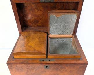 Another view of the beautiful antique burled wood locking tea caddy box with two lidded lined interior compartments