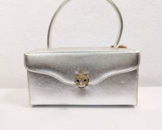 Vintage Saks Fifth Avenue small silver metallic evening bag clutch purse with jeweled tiger clasp