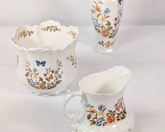 Aynsley fine English bone china cache pot, pitcher or creamer, and bud vase in Cottage Garden pattern