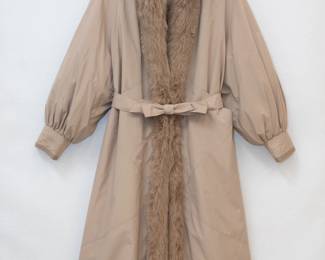 Vintage Christian Dior fur lined belted long coat with fur shawl collar and trim
