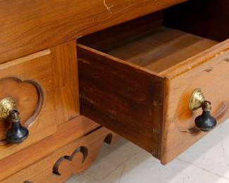 Closeup of the American 19th C Walnut burled wood cupboard