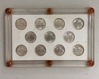 Reverse view of the collection of United States Wartime Silver Nickels
