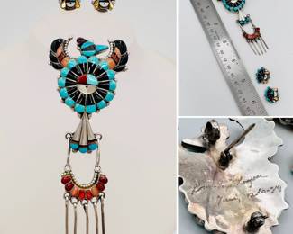 Magnificent inlaid silver thunderbird and sunface convertible pin/pendant with matching clip earrings from Zuni artisans Larry and Faye Lonjose.