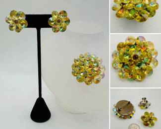 Vintage aurora borealis AB Rivoli rhinestones broach and clip on earrings set - glowing colors!