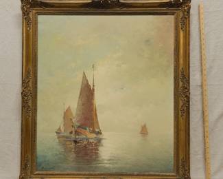 Franz Ambrasath (German 1889-1974) oil on canvas painting of three sailboats at sea. Signed Ambrasath lower left. The painting is housed in a carved giltwood frame.