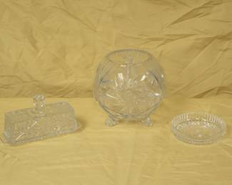 Vintage cut glass covered butter dish, footed rose bowl, and coaster