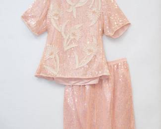 Vintage 1980's Stenay pink silk sequin beaded top and skirt set, size XL