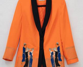 John Meyer of Norwich orange blazer with black trim and embroidered 1920's Art Deco Beauties decoration