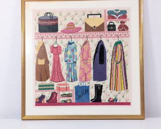 A charming framed needlepoint scene of a shopper's closet, showing coats, dresses, purses and hats, with shopping bags from Neiman Marcus and Saks.