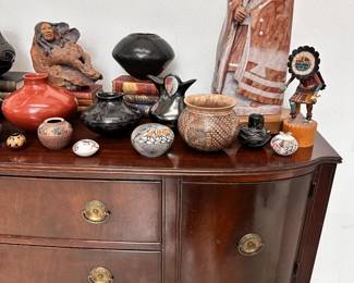 A closer view of some of the collection of Native American art at this sale including pottery from Santa Clara Pueblo, Acoma Pueblo, and Jemez Pueblo artists Marcella Yepa, Mary Rose Toya, Sharon Lewis, Darin Victorino, Madeline Naranjo, Tina Garcia, Jackie Shutiva; Mata Ortiz pottery, Hopi Kachina dolls, and much more