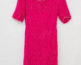 Vivid pink short-sleeve dress with sparkling sequin and bead pattern
