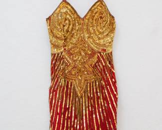 Glamorous red minidress with stunning gold sequin design and beadwork