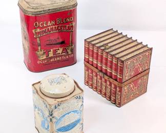A vintage Ocean Blend Tea Co. red metal tin, a vintage Marquess Of Queensberry's Tea tin caddy with clipper ship, and an antique 1900's Huntley & Palmers British Biscuit Tin - History of Reading “Library” Red Book Bundle with Strap
