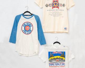 Vintage Chicago Cubs baseball jersey shirt, a Chicago Cubs National League t-shirt, and a 1988 Chicago Cubs Wrigley Field t-shirt, sports memorabilia/clothing