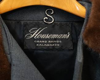 Closeup of a vintage 1960's double breasted dress coat, gray wool with dark brown fur collar and cuffs; Houseman's Grand Rapids Kalamazoo