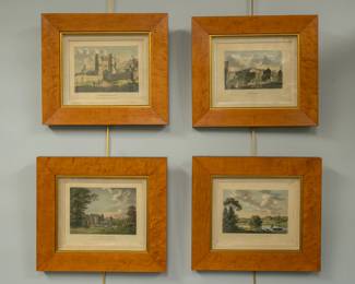 Framed antique hand colored engravings of English great houses, castles and cities