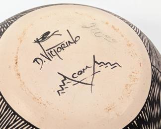 Closeup of base of the dazzling Acoma Pueblo pottery seed pot signed by Native American artist Darin Victorino