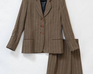 Giorgio Armani Le Collezioni women's brown herringbone and pinstripe blazer and skirt set, size 42/8, made in Italy