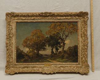 Jose Weiss (1859-1919) Sussex Landscape Oil On Canvas. Antique landscape painting, oil on canvas, by Jose Weiss. Signed lower right and in an ornate gilt frame bearing a small plaque with the artist's name. José Weiss (1859-1919) was a talented Paris-born landscape painter who settled in England in 1893; his works were exhibited at the Royal Academy, RBA, and the Paris Salon. Lived at Houghton, near Arundel, from 1897 and painted the Sussex landscape. On the reverse is a label from the Cooling Galleries in London, which was opened around 1884 by John Albert Cooling, and was located at 92 Bond Street in London from 1911 until the mid-1970s.