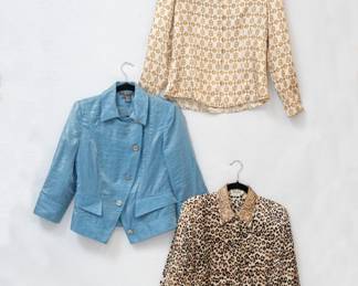 Fresh vintage with a Per Se blue jacket, a Brooks Brothers horsebit pattern 100% silk women's button down blouse, and leopard print silk button front blouse