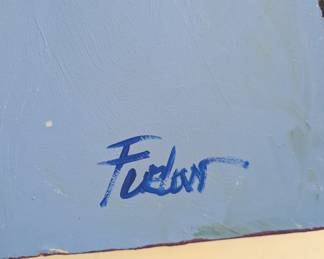 Closeup of signature on the signed original painting of a Native American in traditional dress, titled "Warrior of the Utes" by renowned artist Malcolm Furlow (1946-2023), an award-winning painter, whose accolades include the Silver award from the Sorbonne, and the highly coveted Gold Award from the world-renown Luxembourg Museum, Paris.